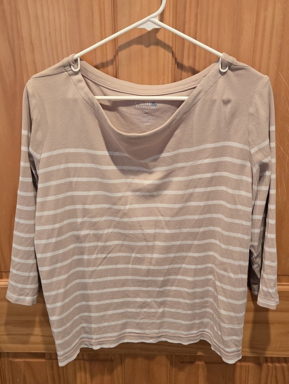 Croft & Barrow Beige and White Striped Long Sleeve Boatneck Top